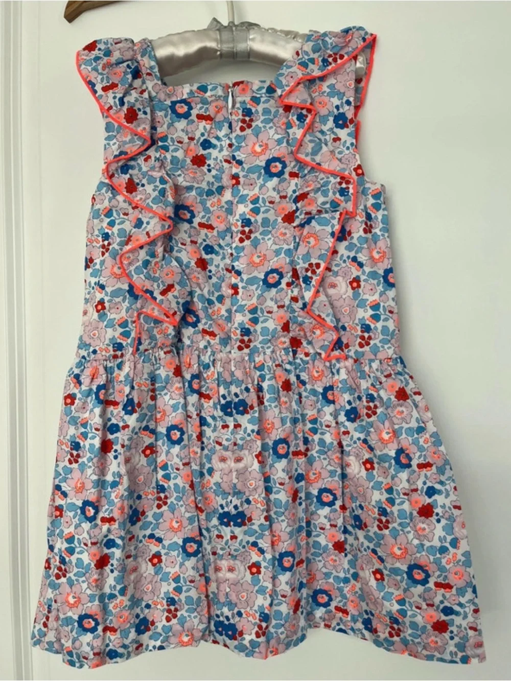 Jacadi Floral Ruffle Sundress - Pink, Blue & Coral Trim